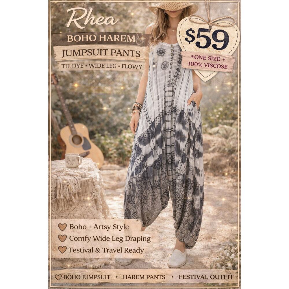 Rhea Boho Harem Jumpsuit Pants One Size Tie Dye Viscose Wide Leg NWT OS